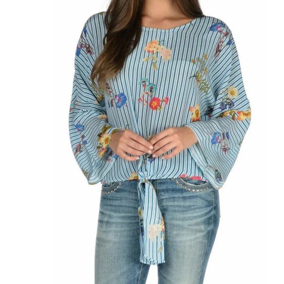 Tolani Tops - Tolani - Blue & White Stripe Shirt w/ Flowers - Size S